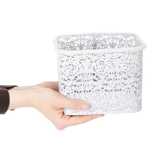 položky Kovové misky s čipkovaným vzorom, dekoratívna nádoba, štvorcové, shabby chic, biele, 27/23/19 cm, V 13,5 cm, sada 3 kusov