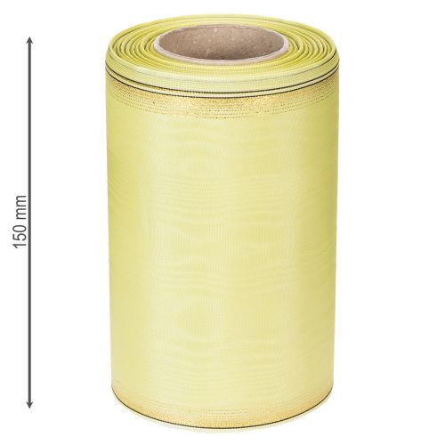 položky Moaré stuha na veniec 150 mm 25 m vo svetlozelenej farbe so zlatým okrajom na floristiku a dekorácie