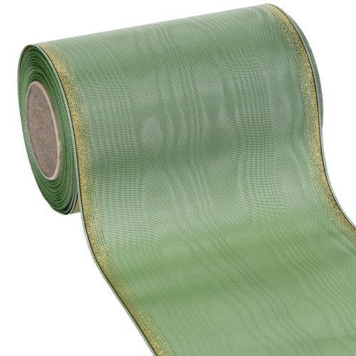 Floristik24 Moaré veniecová stuha šalviovo zelená so zlatým okrajom, 150 mm x 25 m, ozdobná stuha na kvetinárstvo a vence