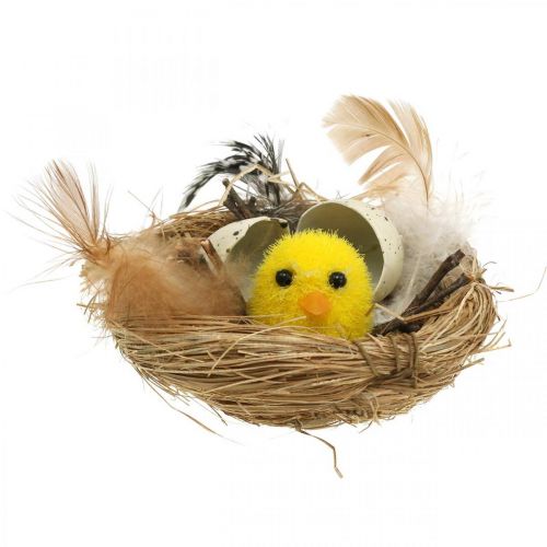Floristik24 Veľkonočná dekorácia kuriatka v hniezde s pierkami Stolová dekorácia Veľkonočné hniezdo Ø9cm