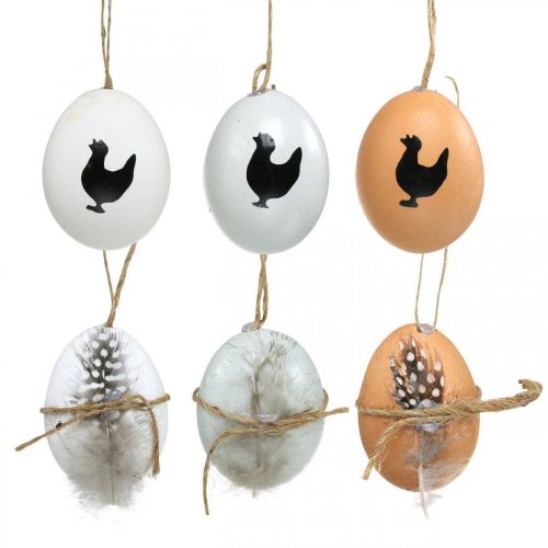 Floristik24 Veľkonočná dekorácia, slepačie vajíčka na zavesenie, ozdobné vajíčka pierko a kuriatka, hnedá, modrá, biela sada 6 ks