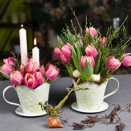 položky Kvetináč, ozdobný držiak kávového filtra, kovový pohár na pestovanie, kvetinová dekorácia zelená, biela shabby chic V11cm Ø11cm