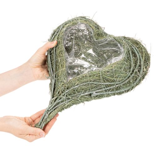 Miska v tvare srdca z prírodnej trávy s fóliou na výsadbu, 38 cm | Floristik24.sk