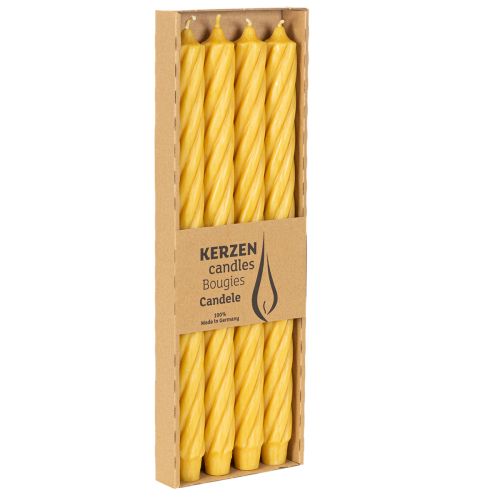 Rustikálne sviečky Twist, vysoké kužeľovité sviečky, jednoliata žltá, 350/28 mm, 4 kusy | Floristik24.sk