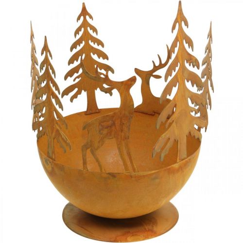 Kovová miska s jeleňom, lesná dekorácia na advent, ozdobná nádoba patina Ø25cm V29cm