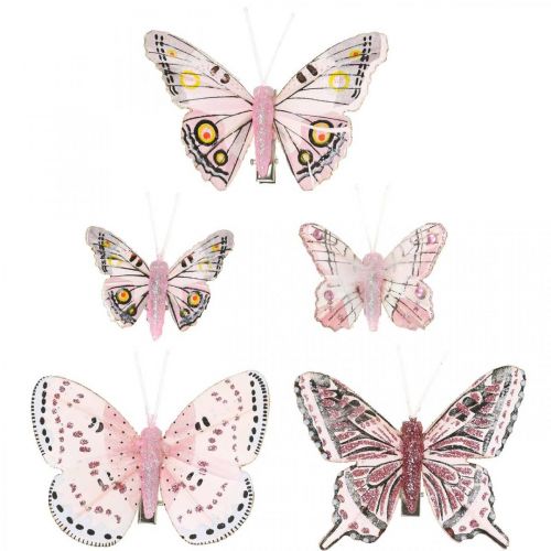 Floristik24 Deco motýle s klipom, motýle perie ružové 4,5-8cm 10b