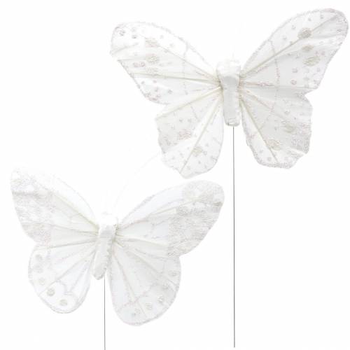 Floristik24 Motýľ pierko na drôte biely s trblietkami 10cm 12ks