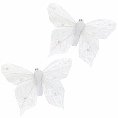 Floristik24 Motýľ z peria na klipe biely 10 cm 12 ks