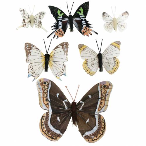 Floristik24 Deko motýľ s kovovou sponou prírodné striebro, rozmanité V4,9 cm/5,8 cm/7,4 cm 6 kusov v sade