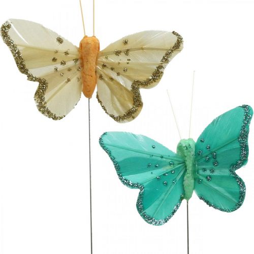 položky Motýlik s trblietkami, deko špunty, pierko motýlik jarný žltý, tyrkysový, zelený 4×6,5cm 24ks