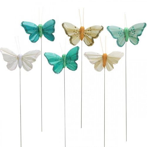 Floristik24 Motýlik s trblietkami, deko špunty, pierko motýlik jarný žltý, tyrkysový, zelený 4×6,5cm 24ks