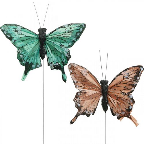 Ozdobné motýle, jarná dekorácia, pierkové motýle, rastlinné zátky zelené, hnedé 9,5×12,5 cm 12ks