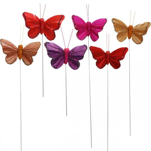 Floristik24 Jarné, pierkové motýliky so sľudou, deko motýlik červená, oranžová, ružová, fialová 4×6,5cm 24ks