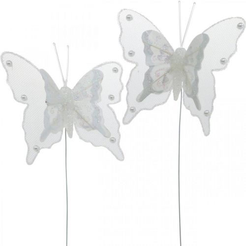 Floristik24 Motýle s perlami a sľudou Svadobná dekorácia pierko Motýľ na drôte bielej