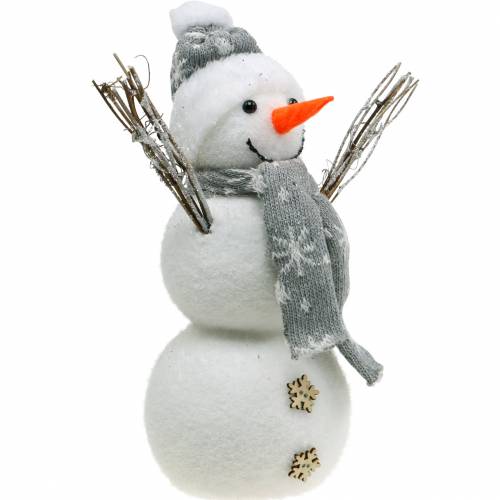 Floristik24 Snehuliak so šálom a čiapkou biela, sivá ozdobná postavička zimná dekorácia