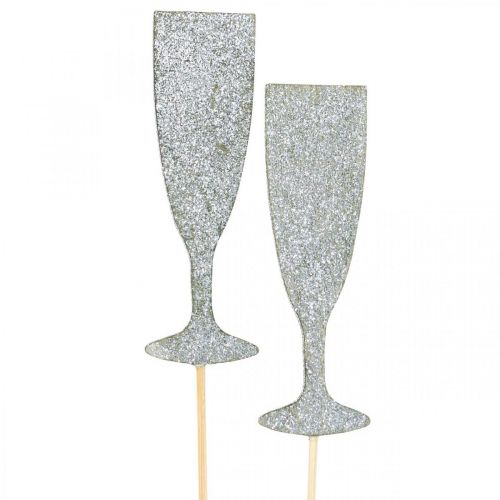 Floristik24 Silvestrovská dekorácia pohár na šampanské strieborná kvetinová zátka 9cm 18ks