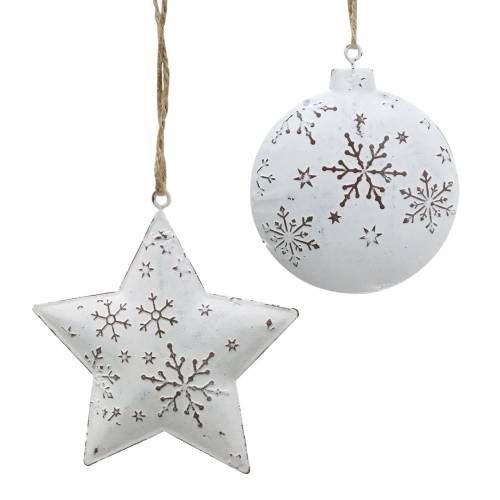 Floristik24 Ozdobný vešiak hviezda a guľa na vianočný stromček so snehovými vločkami kovový biely Ø9,5/7,6cm H10/9,2cm 4 kusy