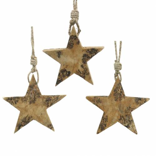 Floristik24 Drevené hviezdičky s trblietavými vložkami na zavesenie prírodné mangové drevo 6,4-7,1cm × 7-7,8cm 3ks