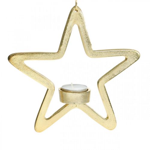 Floristik24 Ozdobný svietnik na čajovú sviečku hviezda na zavesenie kovový zlatý 20cm