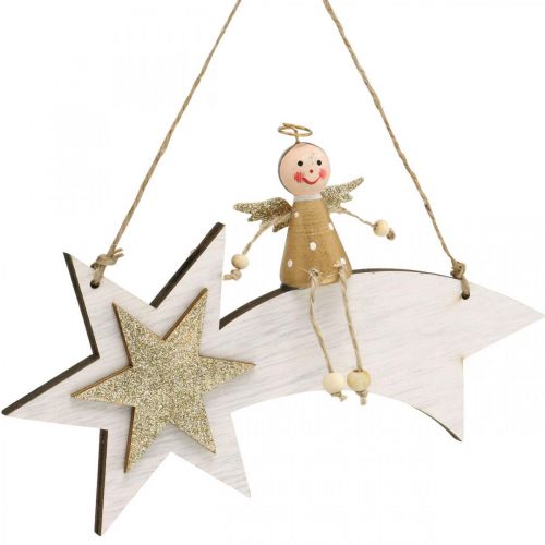 položky Anjel na padajúcej hviezde, vianočná dekorácia na zavesenie, adventná biela, zlatá V13cm Š21,5cm 2ks