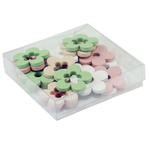 položky Bodová dekorácia drevené kvety dekorácia na stôl farebná 2 motívy Ø3cm 24 ks