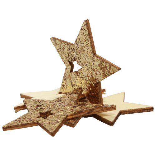 položky Bodová dekorácia Vianočné drevené hviezdy prírodné zlaté trblietky 5cm 72b