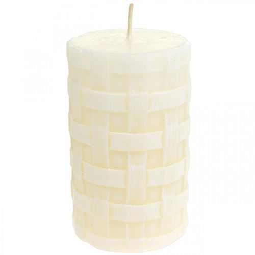 Floristik24 Rustikálne sviečky, biele voskové sviečky, stĺpové sviečky so vzorom koša 110/65 2ks