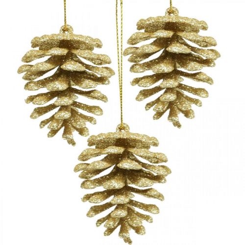 Floristik24 Ozdoby na vianočný stromček deko šišky trblietavé zlaté V7cm 6ks