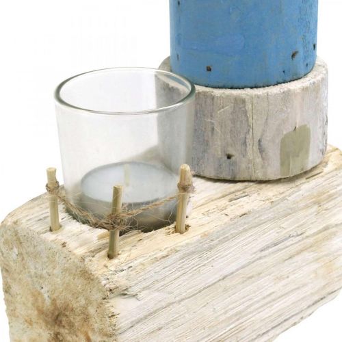 položky Drevený maják s čajovou sviečkou sklenená námorná dekorácia modrá, biela V38cm