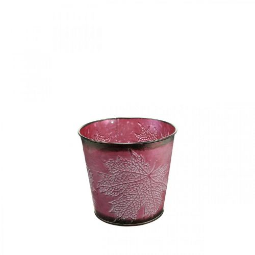 Floristik24 Ozdobný črepník na sadenie, plechové vedierko, kovová dekorácia so vzorom listov vínovočervená Ø14cm V12,5cm