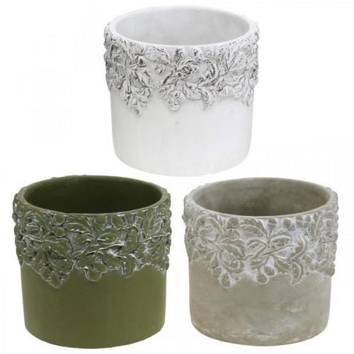 Keramická nádoba, kvetináč s dekorom dub, kvetináč zelená/biela/sivá Ø13cm V11,5cm sada 3 ks