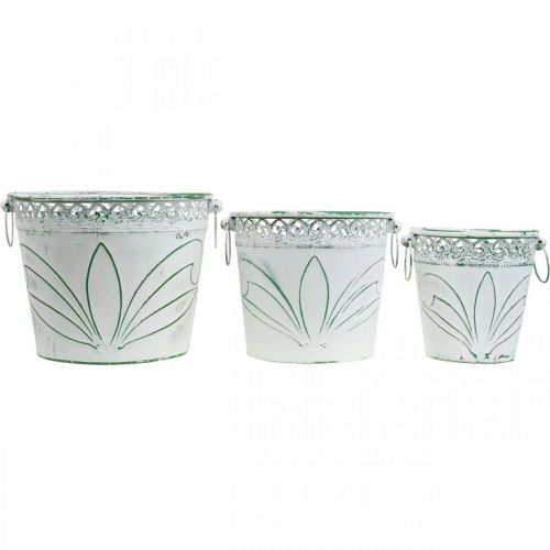 položky Plechové vedierko s razením, kvetináč s rúčkami biela, zelená shabby chic V22/19,5/17,5 cm Ø25,5/20,5/15,5 cm sada 3ks