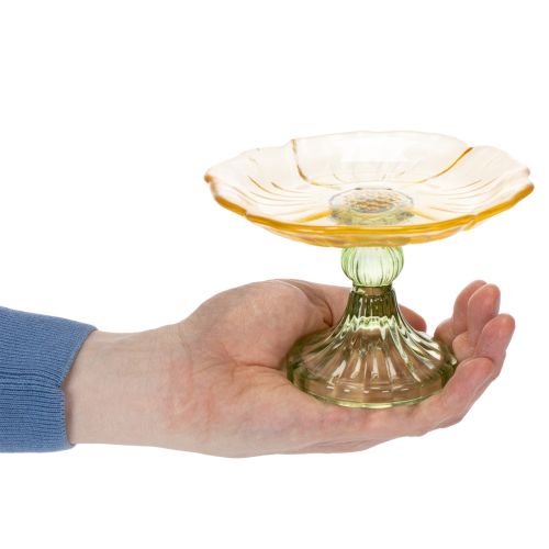 položky Dekoratívny sklenený tanier s nohou, kvetinový vzor, ideálny na slávnostnú prezentáciu, 15 cm