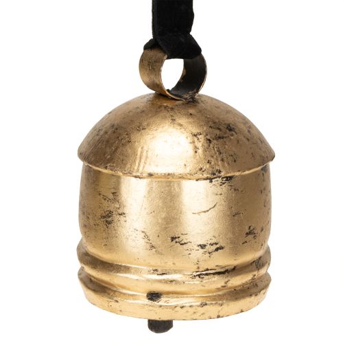 Starožitný zlatý zvonček s čiernou zamatovou stuhou, výška 15 cm