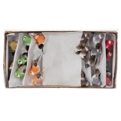 položky Dekoratívne vtáky, umelá bytová dekorácia, jarná príležitosť, s farebným perím z pravého peria, 5 cm, 18 kusov