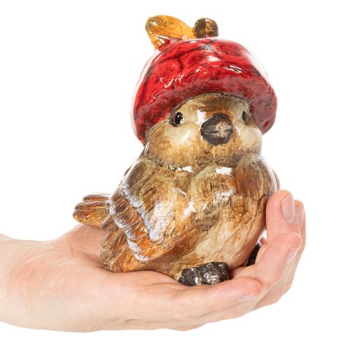 Dekoratívna figúrka vtáka s červenou jablčnou čiapočkou, jesenná dekorácia, 13 cm | Floristik24.sk