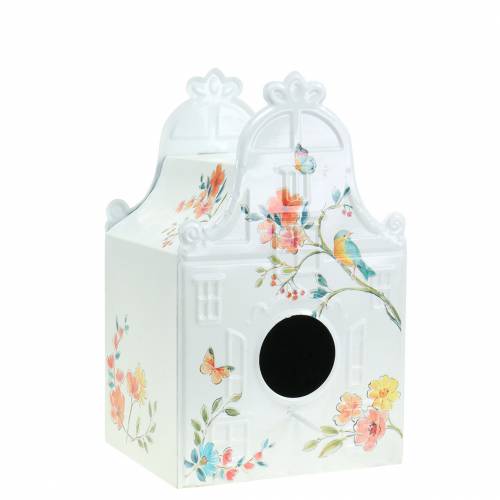 Floristik24 Dekoračný domček pre vtáčiky s kvetmi kovový biely 25,5c×16×13,5cm