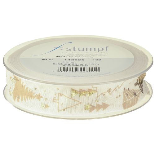 Floristik24 Vianočná stuha krémovo zlatá jedličky 25mm 15m