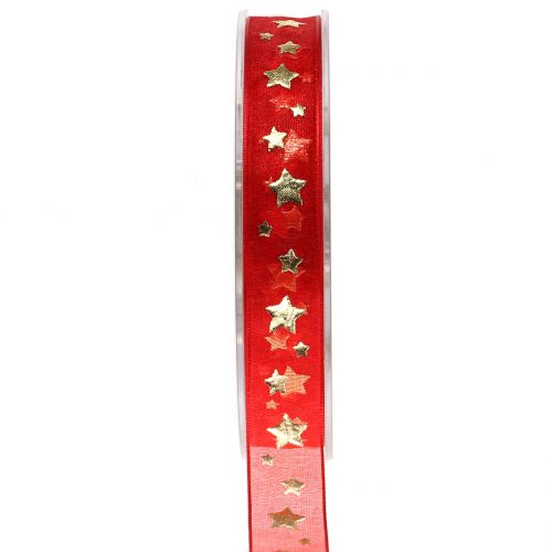 Floristik24 Vianočná stuha organza červená s motívom hviezd 15mm 20m