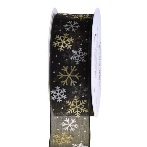 Vianočná stuha organza snehové vločky čierne zlato 40mm 15m