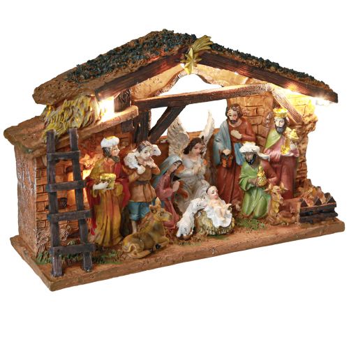 Vianočný betlehem s figúrkami a LED ručne maľovaný 23×14cm