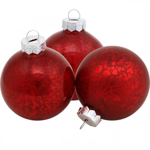 Vianočná guľa, prívesok na stromček, vianočná guľa červená mramorovaná V6,5cm Ø6cm pravé sklo 24ks