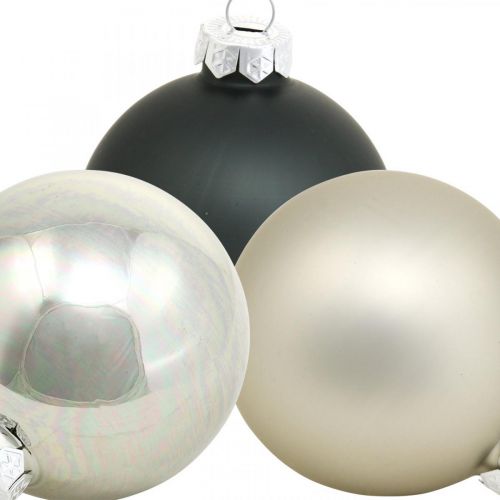 položky Guľa, ozdoby na vianočný stromček, vianočná guľa čierna/strieborná/perleť V8,5cm Ø7,5cm pravé sklo 12 kusov