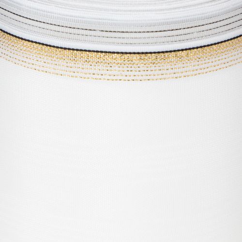 položky Biela moaré stuha na veniec s perleťovým okrajom a taftovým lemovaním, ozdobná stuha, smútočná stuha, šírka 100 mm, dĺžka 25 m