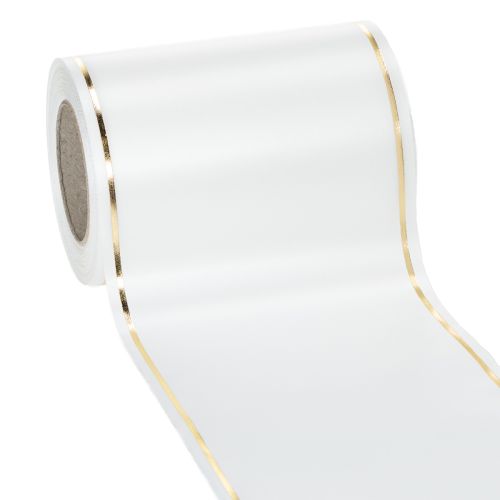 Floristik24 Biela stuha na veniec so zlatým okrajom na počítačovú potlač, saténová stuha, vodeodolná, 25m x 125mm