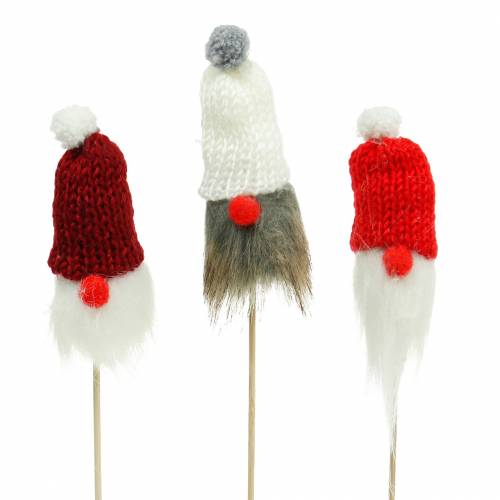 Floristik24 Gnome na nasadenie s pletenou čiapkou červená, biela, šedá 11–13cm L34–35,5cm 12ks