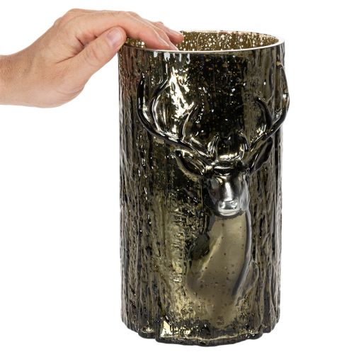 Sklenený držiak na čajové sviečky s hlavou jeleňa a reliéfmi stromu, zimná dekorácia, 26 cm | Floristik24.sk