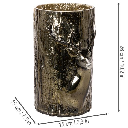 Sklenený držiak na čajové sviečky s hlavou jeleňa a reliéfmi stromu, zimná dekorácia, 26 cm | Floristik24.sk