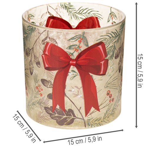 Sklenený svietnik s červenou stuhou a zimnými vetvičkami, 15 cm | Floristik24.sk