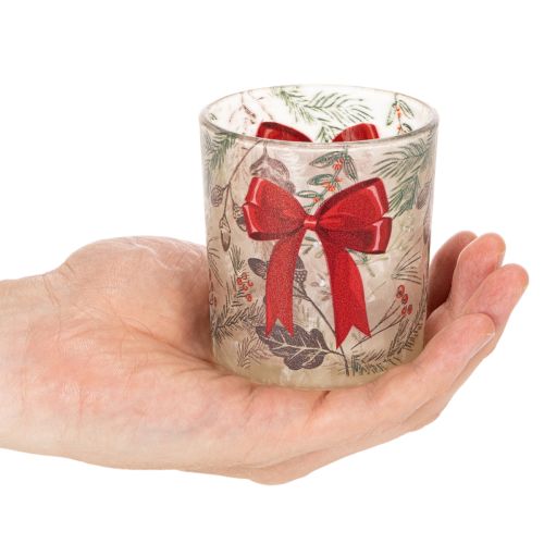 Sklenený svietnik s vianočnými vetvičkami a červenou stuhou, 8 cm, 2 kusy | Floristik24.sk